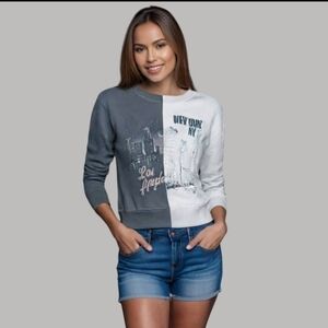Abercrombie & Fitch Gray And White Graphic Crewneck Color Block Sweatshirt